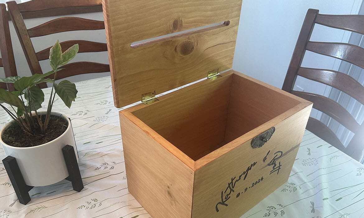Wooden wedding card box with card slot opening and storage compartment