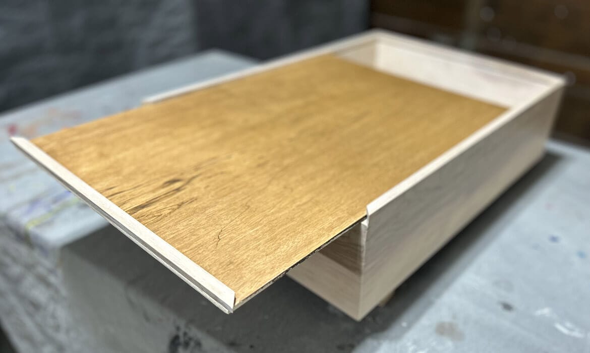 Custom wooden gift box with sliding lid and Early American stain