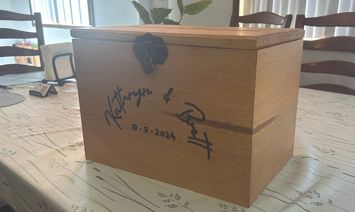 Pine wedding card box with Early American stain and decorative lock